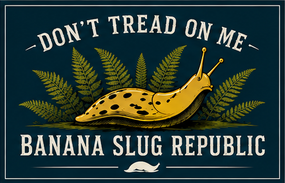 The Banana Slug Republic flag, featuring a golden banana slug and sword ferns with the motto Don’t Tread on Me